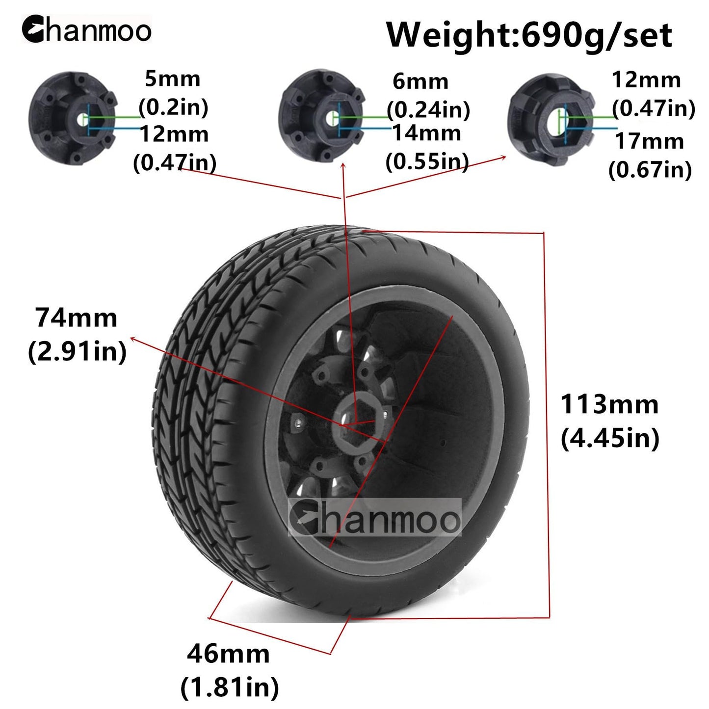 Chanmoo 1/10 RC Short Course Truck Tires And Wheels With 12mm 14mm 17mm Hex 113mm 1/8 Rubber Tyres For 1/8 or 1/10 Scale On Road