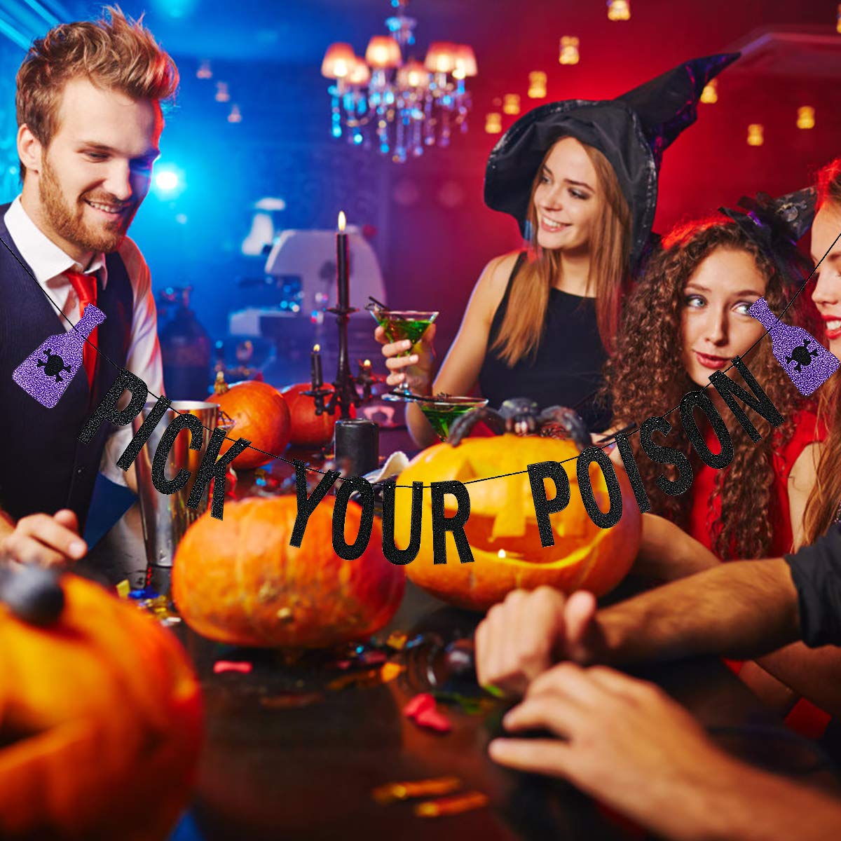 Black Glitter Pick Your Poison Banner Potion Bar Banner, Pick Your Poison Sign Halloween Party Banner For Haunted Mansion Home Halloween Hocus Pocus Party Decorations