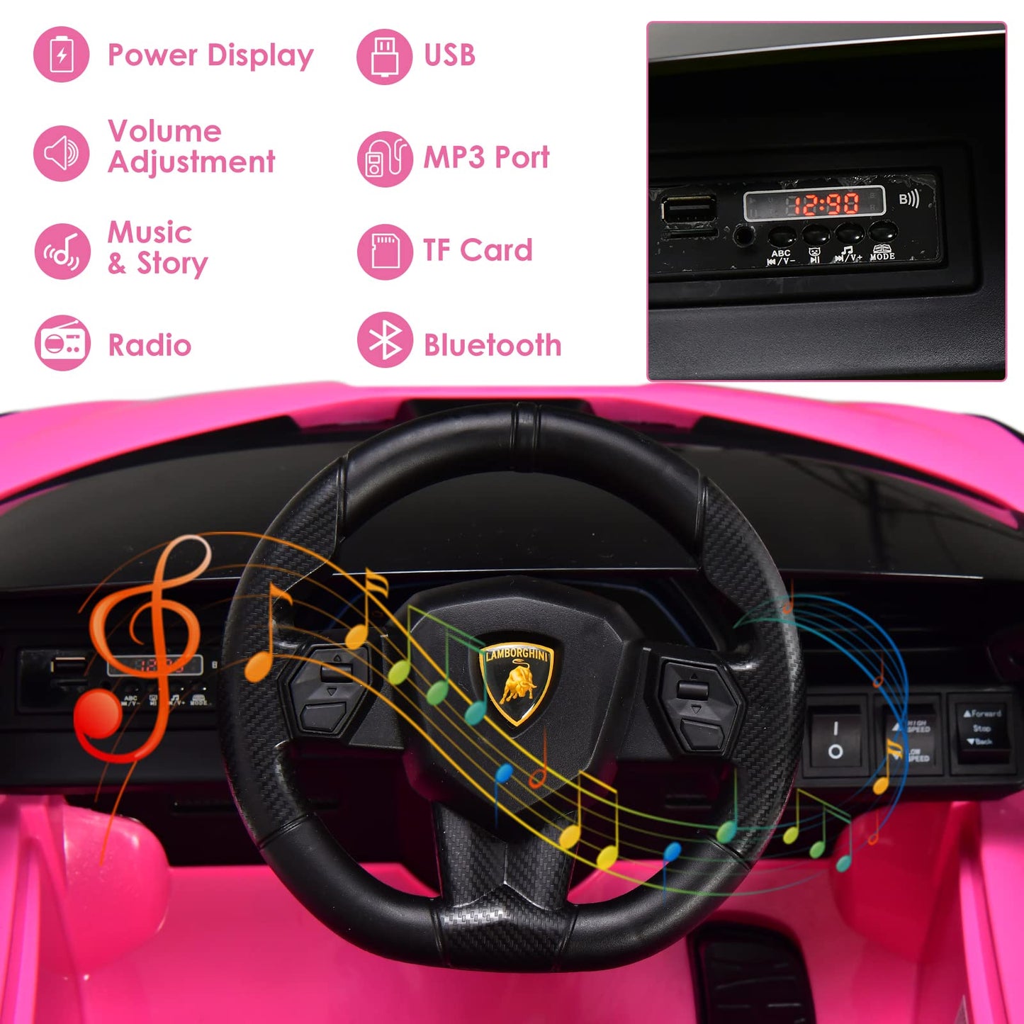 Olakids Kids 12V Licensed Lamborghini Sian Ride On Car, Electric Vehicle For Toddler With Control Remote, Battery Powered Toy With Music, Horn, 2 Speeds, Suspension, Led Lights, Bluetooth, Usb (Pink)
