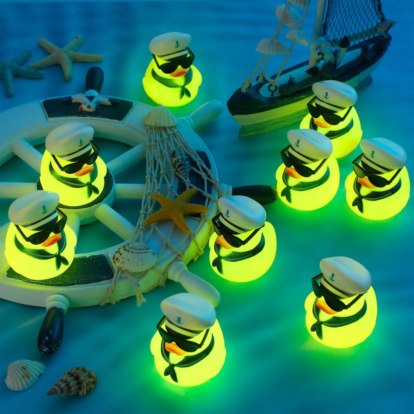 Simgoing 24 Pcs Cruise Duck Gift Bulk Glow In The Dark Rubber Ducks With Sunglasses Tiny Sailing Toy Squeaky Nautical Ship Toy For Birthday Baby Shower Party Favors Classroom Carnival