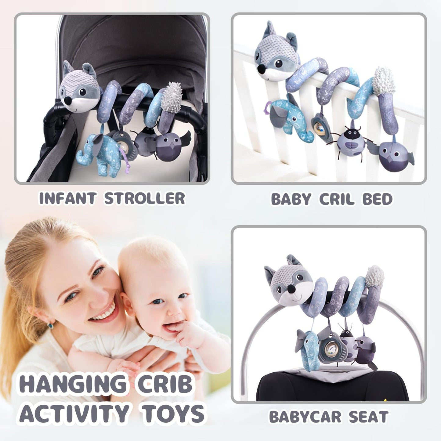 Koty Car Seat Toys, Infant Baby Spiral Plush Activity Hanging Toy For Stroller Bar Pram Crib With Music Box Bb Squeaker & Rattles(Gray Fox)