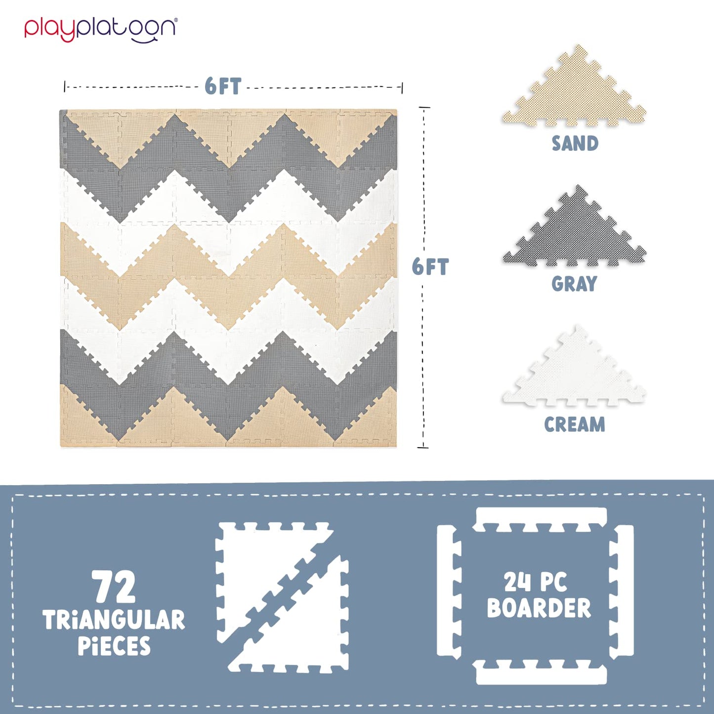 Play Platoon Non-Toxic Extra-Thick 96 Piece Triangle Play Mat - Comfortable 6X6Ft Cushiony Foam Floor Puzzle Exercise Mat For Kids & Toddlers - Sand, Gray & Cream