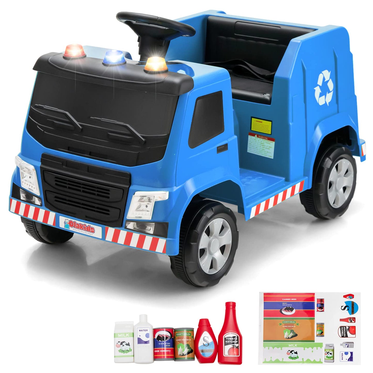 Olakids Ride On Car, 6V Recycling Garbage Truck Electric Vehicle With Music, Horn, Warning Lights, Recycling Accessories Include