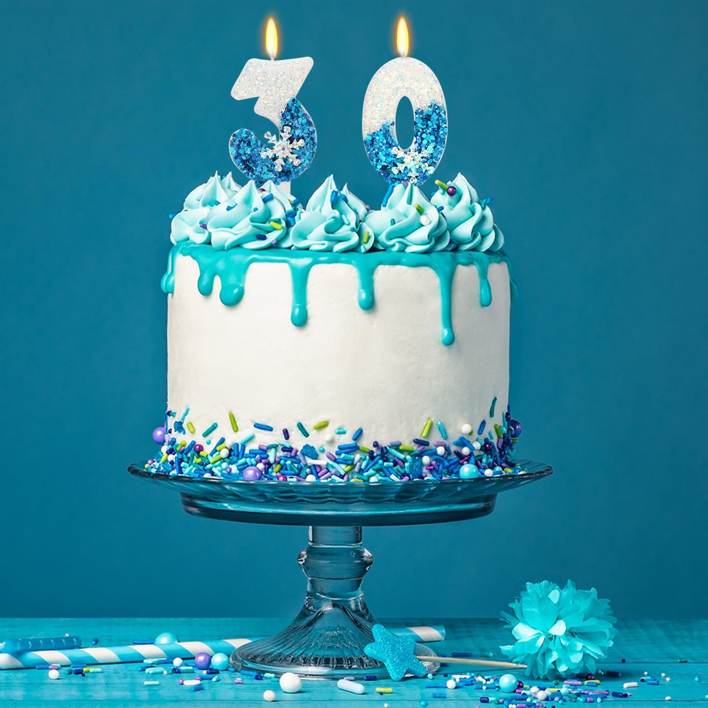 Snow Themed Birthday Candles, Birthday Candle for Party Supplies, Winter Birthday Party Supplies, 2.76 inch Number 30 Candle Cak