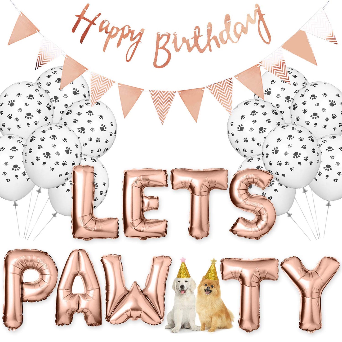 Legendog Dog Birthday Party Supplies Dog Paw Print Balloons Cat Birthday Hat Happy Birthday Banner Foil Balloons Lets Pawty Letters Balloons Decorations (Rose Gold)