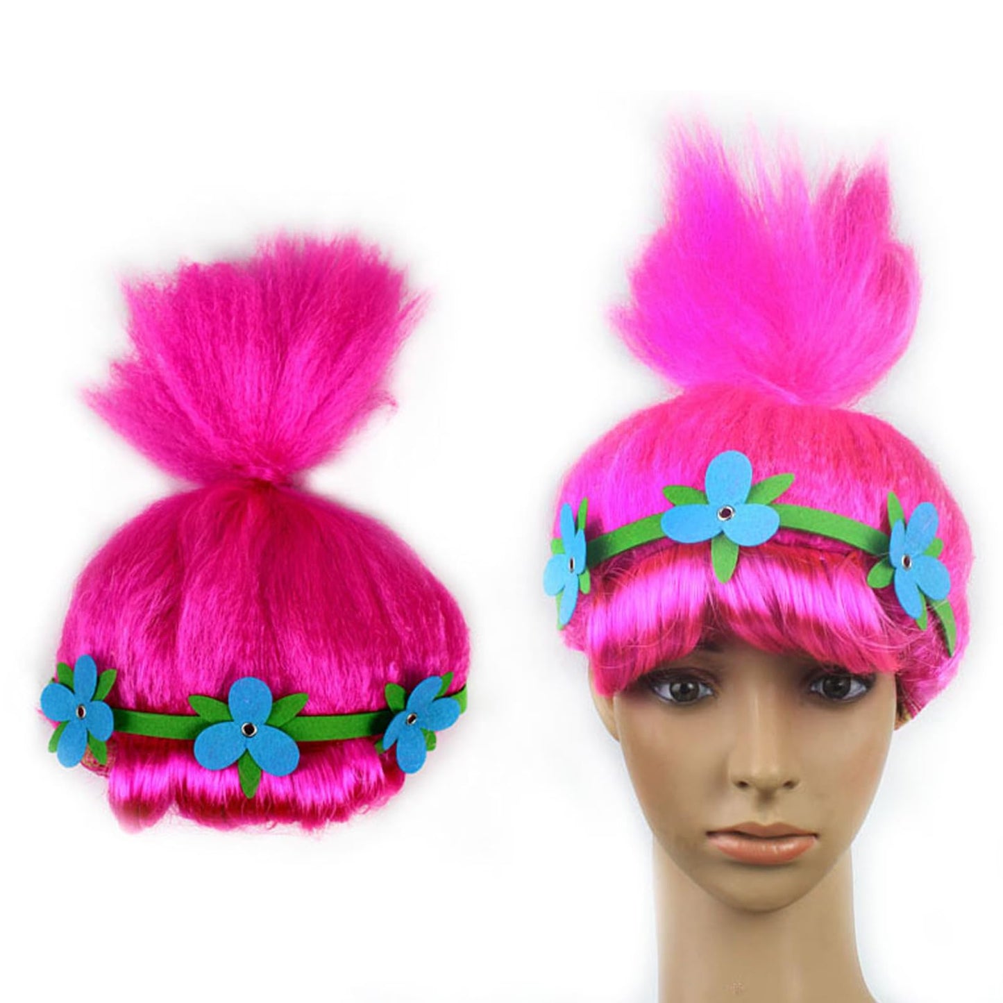 Moyeecoo Halloween Troll Wig,Trolls Costume Hair Wig, Cosplay Troll Wig With Blue Flower Crown, Synthetic Soft Fiber Wigs, Troll