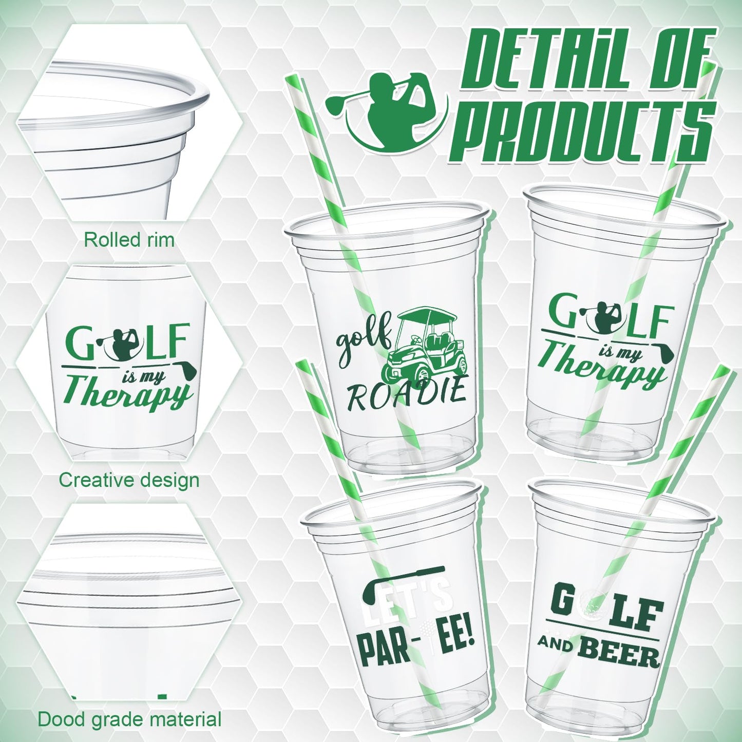 Foldtier 50 Pcs Golf Cups, 12 Oz Disposable Plastic Cups With Straws And Lids Golf Clear Cup Birthday Bachelor Cups Supplies Bir