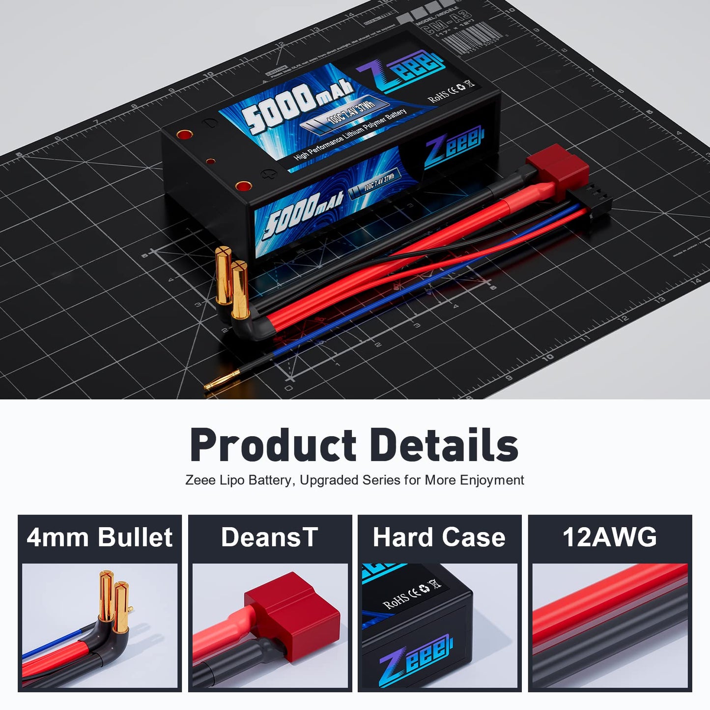 Zeee 2S Shorty Lipo Battery 5000mAh 7.4V 100C Hard Case with 4mm Bullet to Deans Connector for RC 1/10 Scale Vehicles Car Trucks