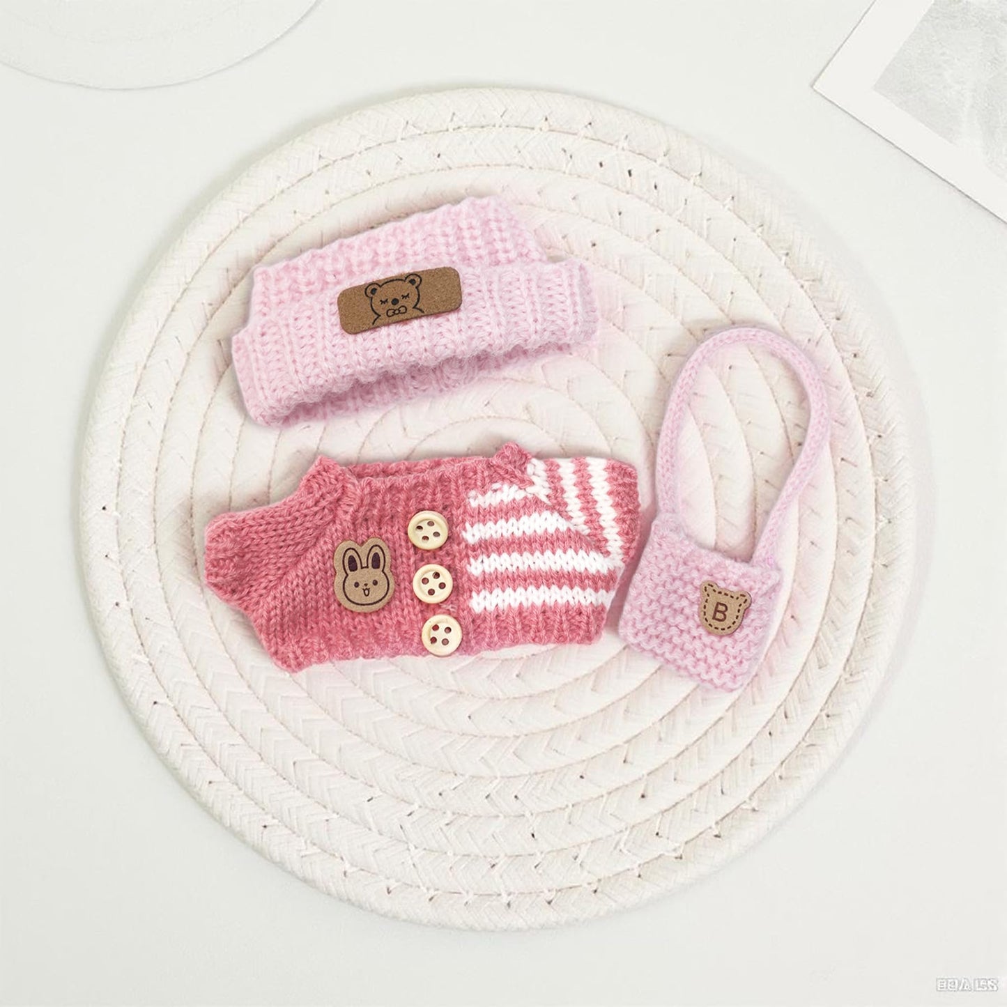 17cm Pink Doll Clothes for Labubu (NO Doll) - Kawaii Chic Style Set for 17cm Dolls Handcrafted Crochet Dolls Outfit with Accessories Boy and Girl 3-Piece Clothes Set - Pink Wool Hat Romper Bag