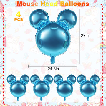 Mikimiqi 4 Pcs Mouse Head Foil Balloons, 24'' Mouse Mylar Balloon For Birthday Party Decorations Jumbo Mouse Head Aluminum Foil Balloons Party Favors Supplies (Light Blue)