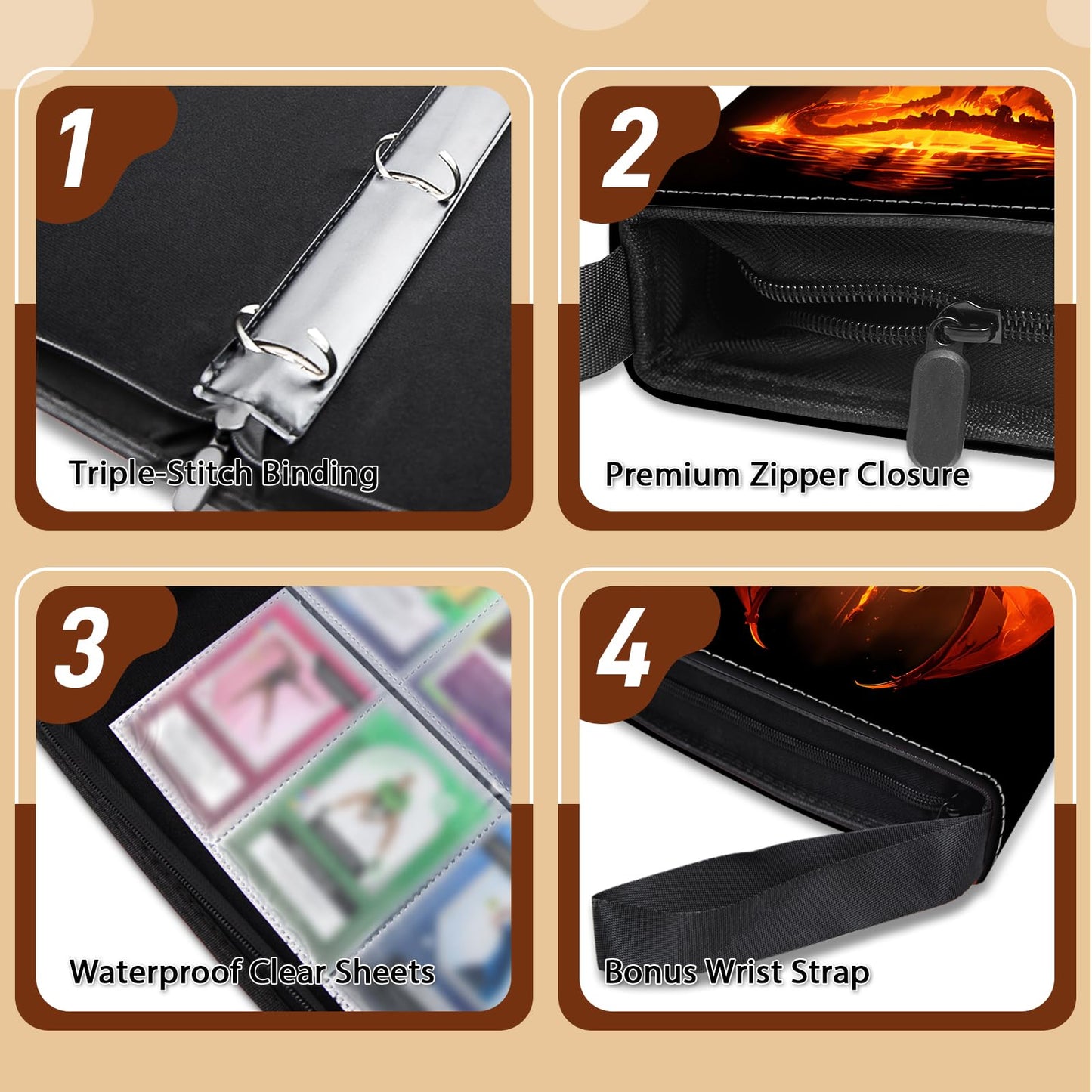 Wazzio 900 Pocket Trading Card Storage Album Card Binder with 50 Durable 9-Pocket Pages Fire Dragon Design on Pocket Card Packs Gifts for Zipper Closure Collector's Album