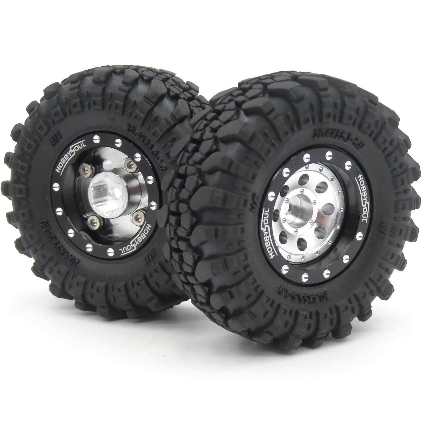 HOBBYSOUL RC 1.0 Beadlock Wheels and Tires, 1/24 Tires & Heavy Adjustable Offset 1.0 Wheels Black Silver for 1/24 RC Crawler Car