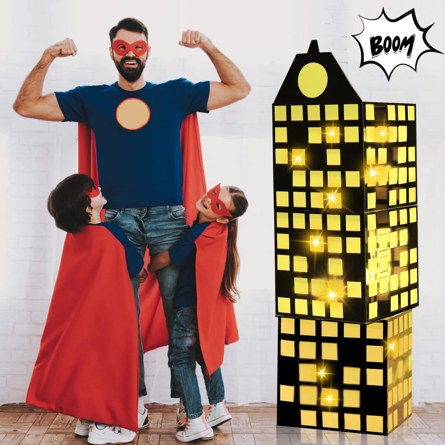 Weekgrat 6 Pcs Large Hero Party Favor Boxes with Light String 11 Inch Skyscraper City Gift Large Hero Theme Candy Treat Boxes Sk