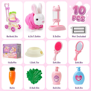G.C Kids Bunny Toys Rabbit Plush With Stroller, Hopping Walking Electronic Interactive Stuffed Animal Accessories Pretend Play Pet Care Playset Gifts For Girls Toddlers 3 4 5 6+ Year Old