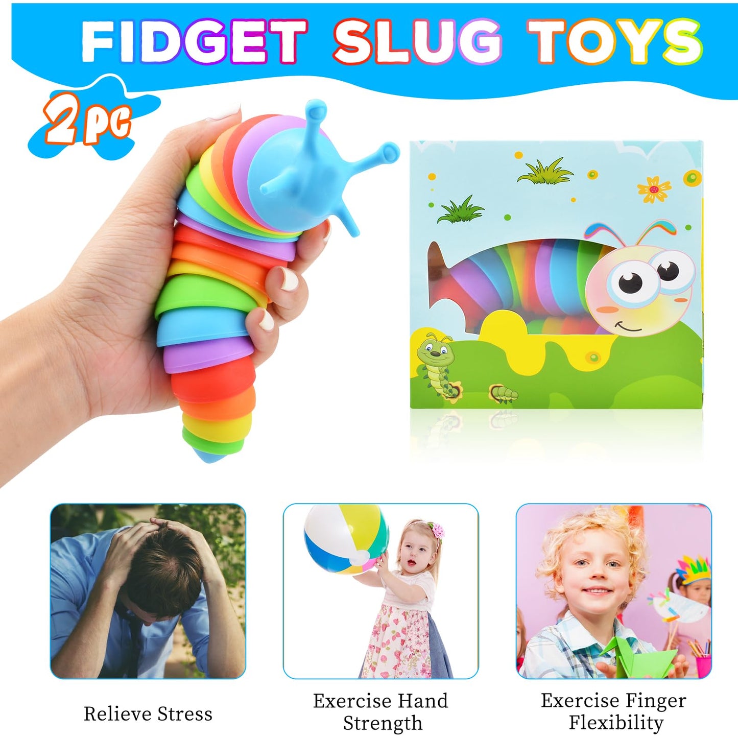 Cevioce Fidget Slug Toy, Sensory Slug Fidget Toy For Kids & Adults, 2 Pcs Cute 3D Articulated Sensory Toys - Can Be Spliced, Safe|Exercise Wrist Strength & Stress Relief, Great Gift For Adhd Autism A