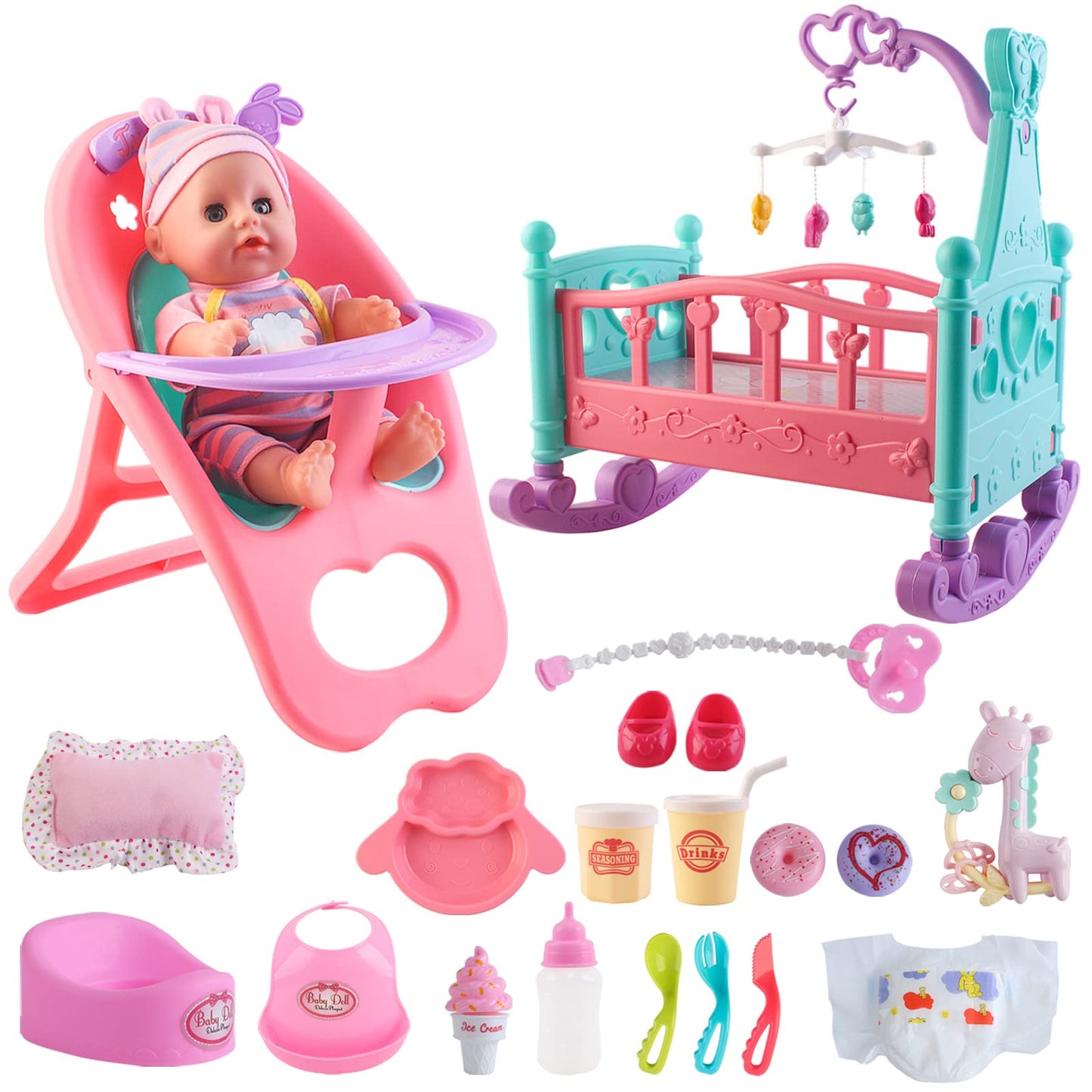 Deao Baby Doll Set With Crib Bed High Chair Stroller Baby Doll Accessories 20 Pieces Play Set Birthday For Girls Boys Kids