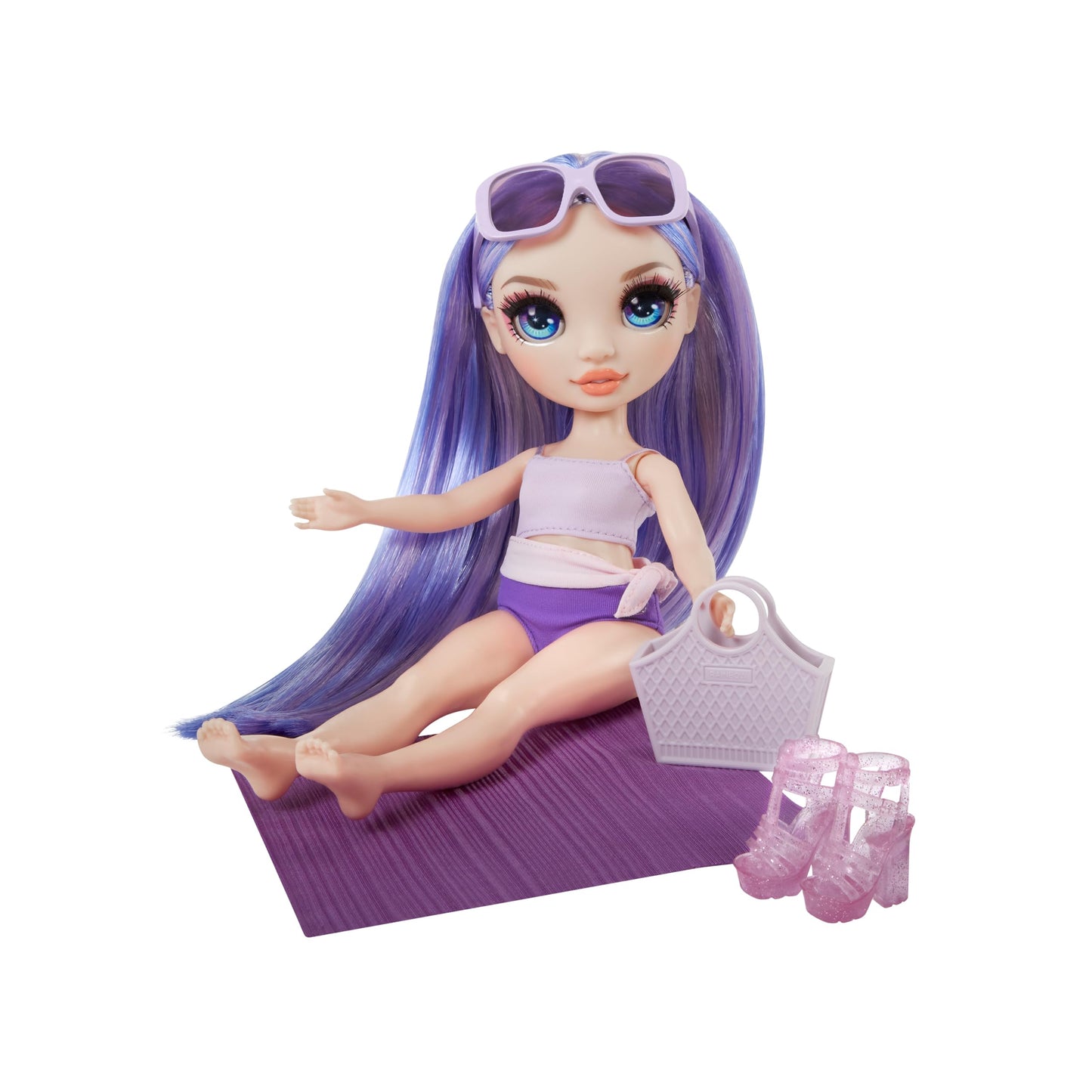 Rainbow High Swim & Style Violet, Purple 11' Fashion Doll With Shimmery Wrap To Style 10+ Ways, Removable Swimsuit, Sandals, Fun Play Accessories, Great Toy Gift For Girls Kids Ages 4-12 Years