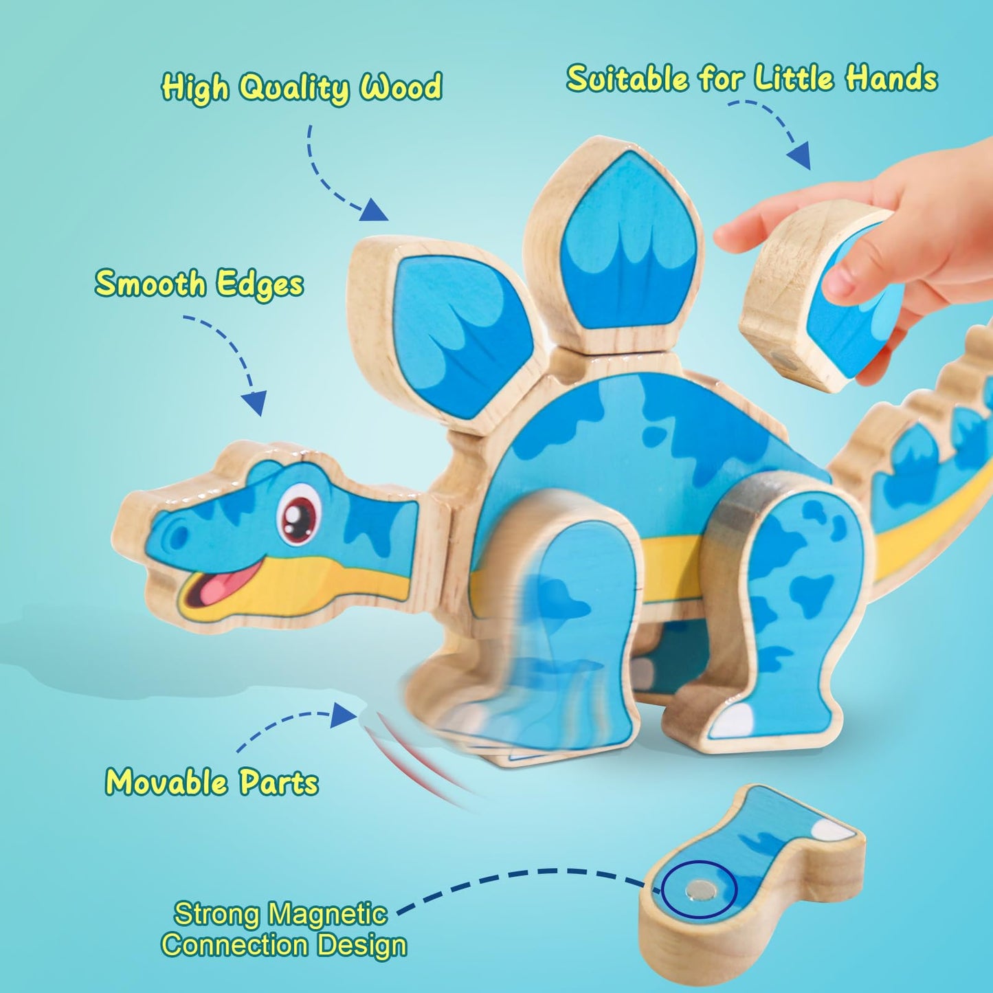 Jugueteland Magnetic Dinosaur Building Blocks, Wooden Dino Snap Blocks, Stem Take Apart Dinosaurs Playset, Montessori Fine Motor