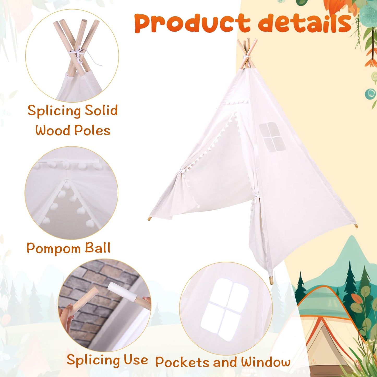 Windyun 6 Pcs Kids Teepee Tent Foldable Toddler Tent Washable Teepee Tent For Kids Indoor Outdoor Tent For Boys Girls Boho Sleep