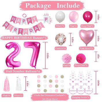 Sweet 27Th Birthday Decorations For Women, Pink And White 27 Happy Birthday Balloons, 27Th Birthday Party Supplies Including Pin