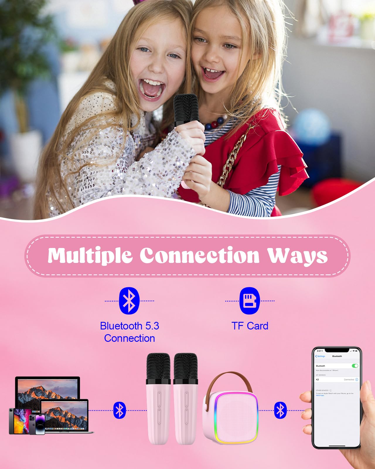 Texpot Karaoke Machine With 2 Wireless Microphones, Kids Toys Portable Bluetooth Speaker For Kids Adults Toddler, Christmas Girl