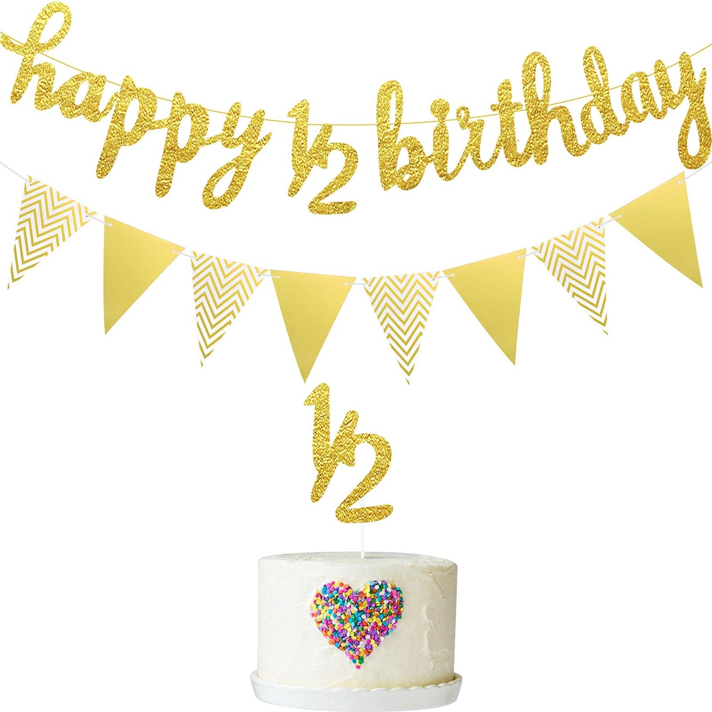 6 Months Banner Happy Birthday Banner Happy 1/2 Birthday Banner Glitter 1/2 Half Year Cake Topper Triangle Flag Banner For Half Year Baby Shower Birthday Party Decoration, Pre-Strung (Gold)