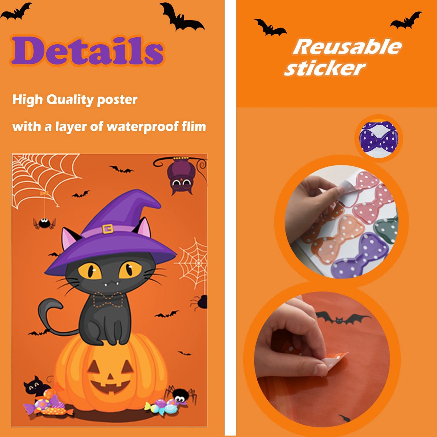 Boramdo Pin The Bowtie On Cat Neck Halloween Party Game For Kids Cat Poster With 24 Pieces Bowtie Stickers And A Blindfold For H
