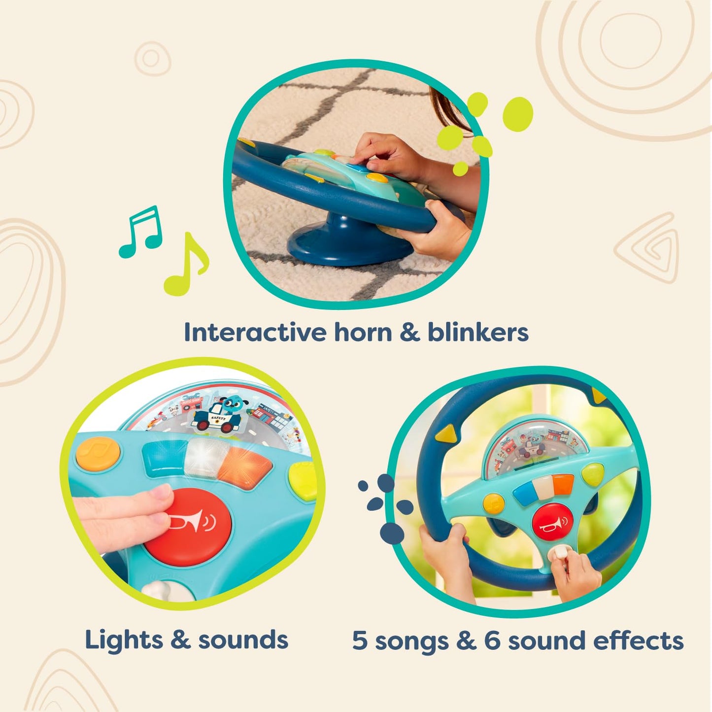 B. Toys Woofer'S Musical Driving Wheel - Pretend Play Steering Wheel With Music, Sounds & Lights For Toddlers, Kids 2 Years+