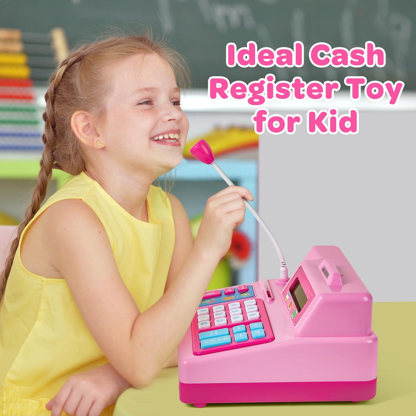 BAODLON Pretend Play Calculator Cash Register - 73 Pcs Pink Toy Cash Register, Microphone, Credit Card and Banking for Kids, Ear