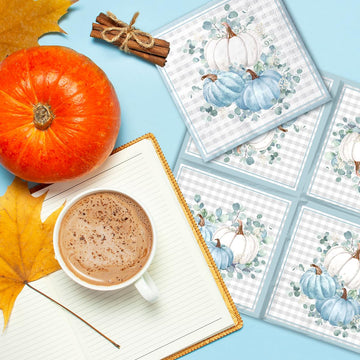 40Pcs Blue Pumpkin Napkins-Autumn Harvest Thanksgiving Disposable Paper Napkins Watercolor Blue Pumpkin Plaid Decorations For Ba