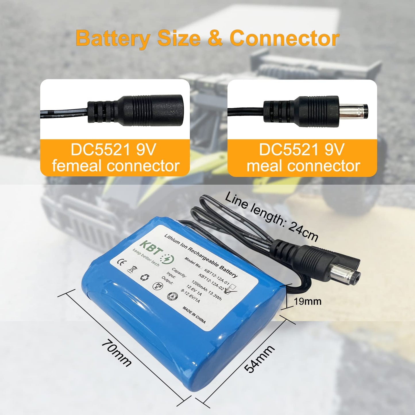 KBT 12V 1200mAh Rechargeable Li-ion Battery, 12V DC5521 Male Connector, Replacement Battery Pack with 12V Charger Compatible for