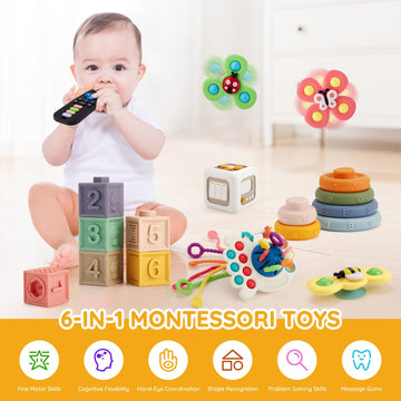 Vomii 18Pcs Baby Toys 6-12-18 Months, Montessori Toys Newborn Toys For Babies, Infant Teether Sorting Stacking Blocks Spinner To
