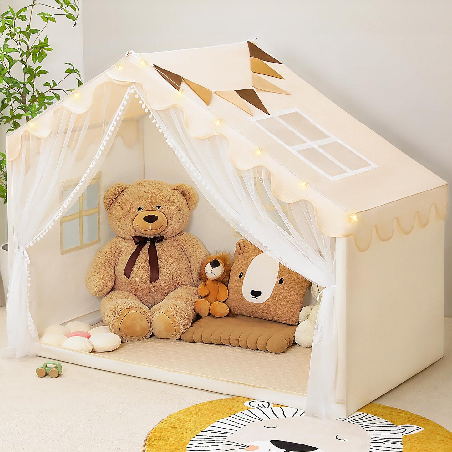 Piikago Kids Play Tent With Mat - Kids Tent Indoor With Star Lights And Flags, Toddler Tent For Kids Ages 3-8, Kids Playhouse Fo