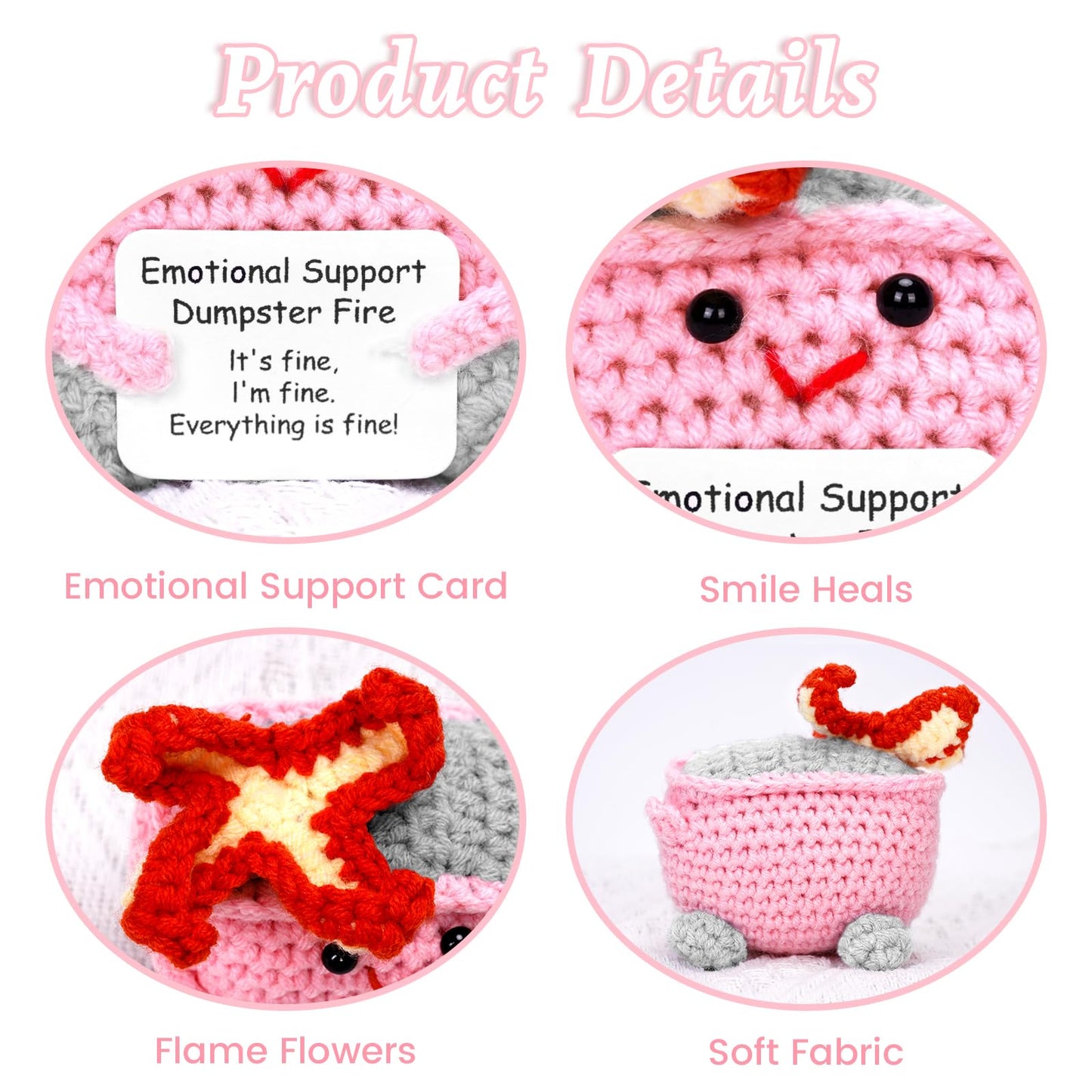 Megele 7pcs Emotional Support Dumpster Fire Gift Set Handmade Crochet Desk Accessories Room Decor Funny Gifts for Women Men Frie