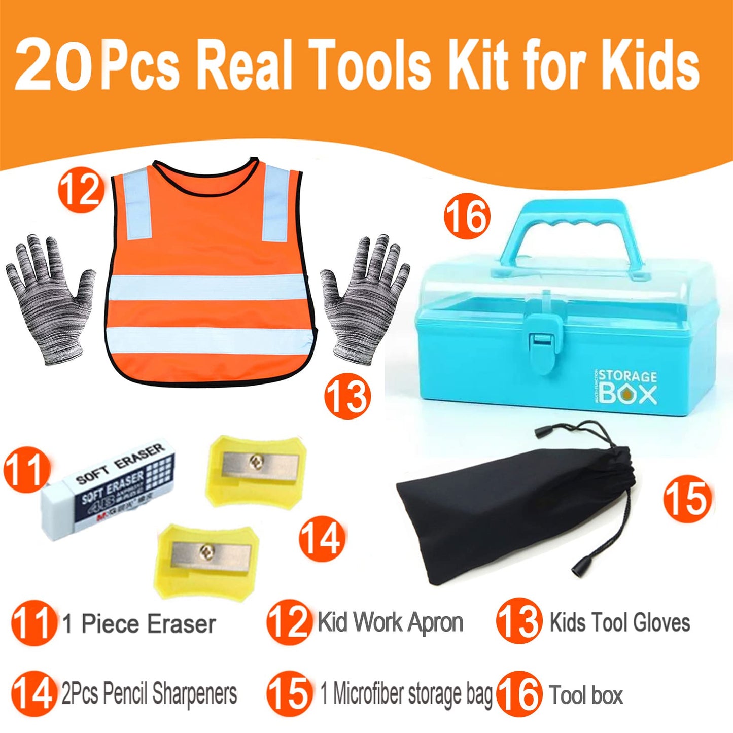 QeeHeng Kids Real Tool Set - 20Pcs Construction Tool with Blue Toolbox and Protective Clothing, Woodworking Tool Set for Beginne