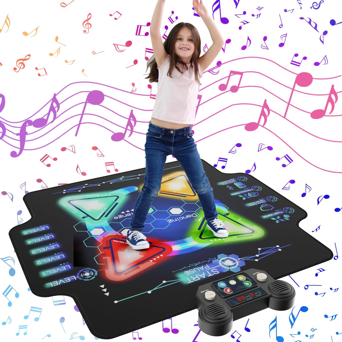 Zefinot Dance Mat For Kids Ages 3-12 Year - Dance Mats With Light Up 4-Buttons & Wireless Bluetooth,Music Dance Mat With 4 Game