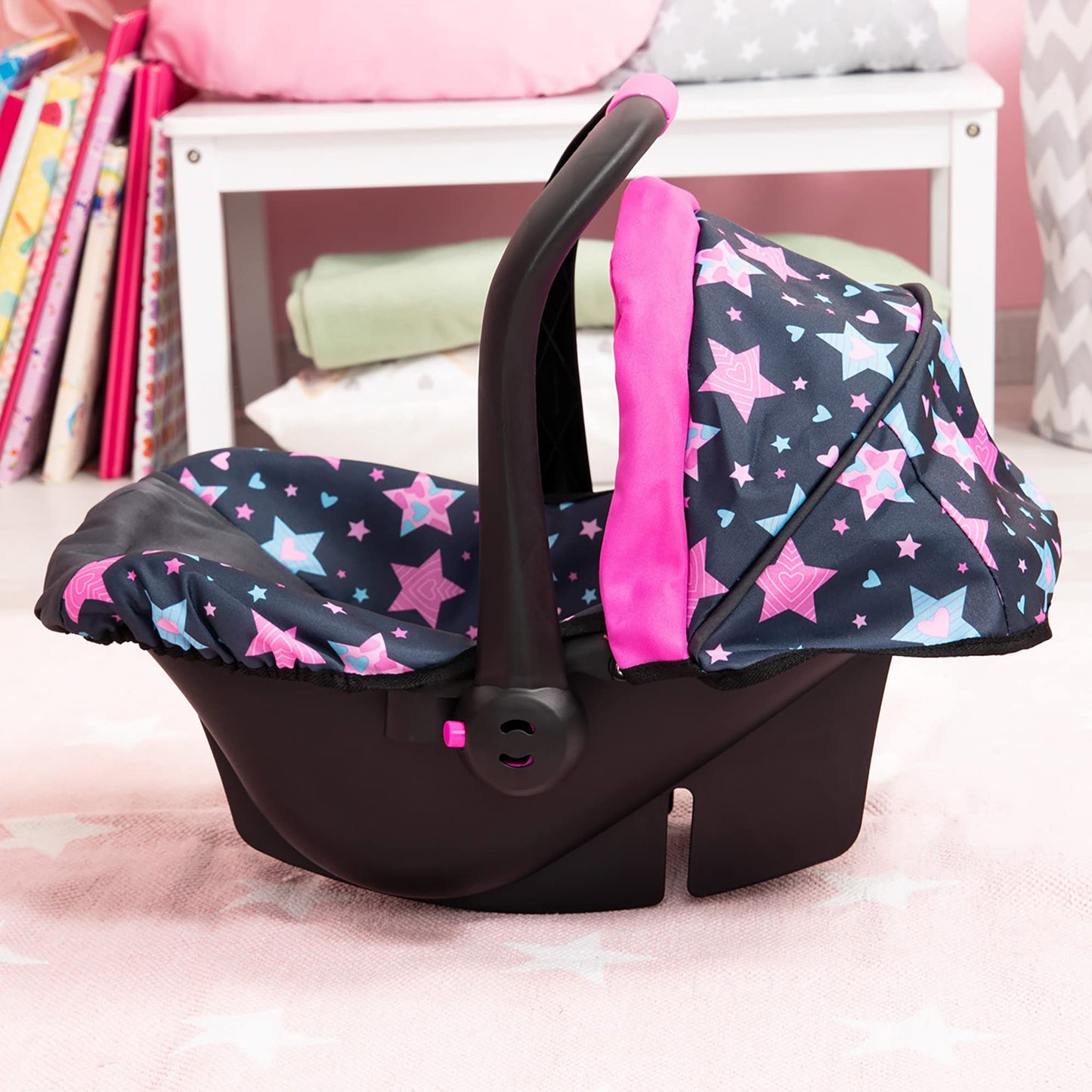 Bayer Design Dolls: Car Seat - Turquoise, Pink, Stars - Fits Dolls Up To 18'', Kids Pretend Play, Safety Belt, Sun Canopy, Ages