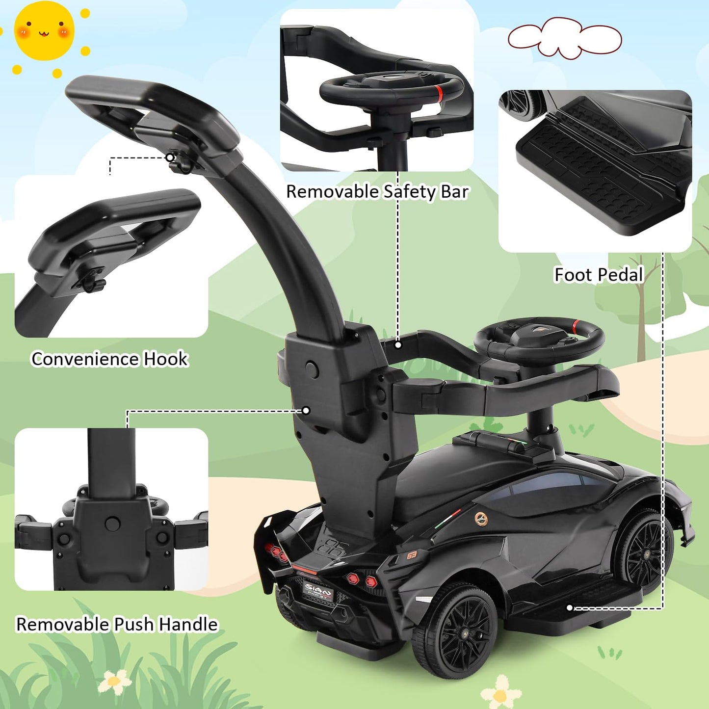 Infans 3 In 1 Ride On Push Car, Licensed Lamborghini Baby Stroller Sliding Walking Car With Push Handle, Music, Usb, Headlight, Under Seat Storage, Kids Foot-To-Floor Toy For 18-60 Months (Black)
