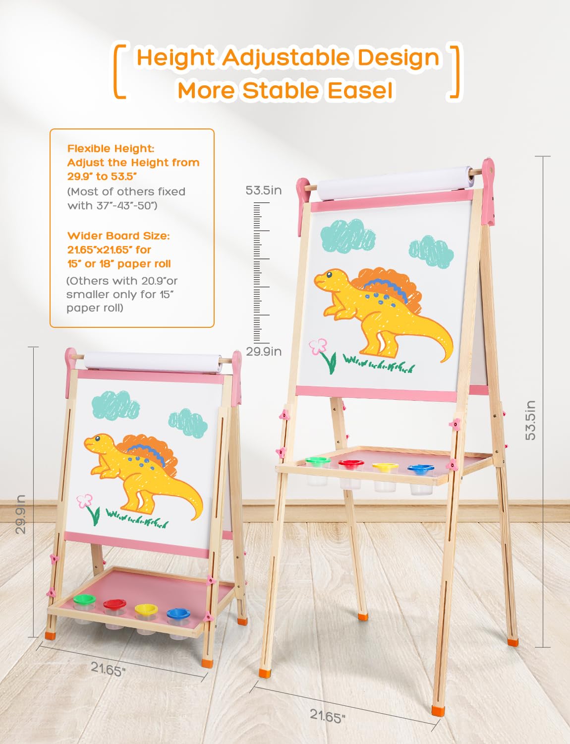YOHOOLYO Kids Easel Wooden Children Art Easel Paper Roll,Double Sided Magnetic Whiteboard Chalkboard Dry Eraser Adjustable Heigh