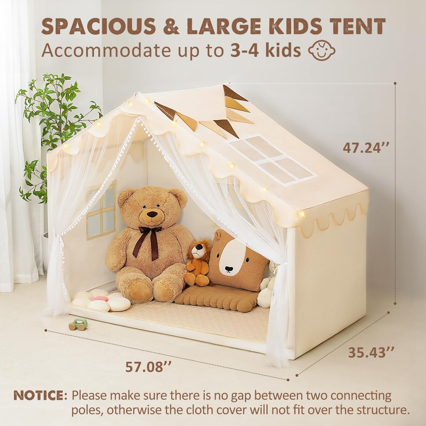 Piikago Kids Play Tent With Mat - Kids Tent Indoor With Star Lights And Flags, Toddler Tent For Kids Ages 3-8, Kids Playhouse Fo