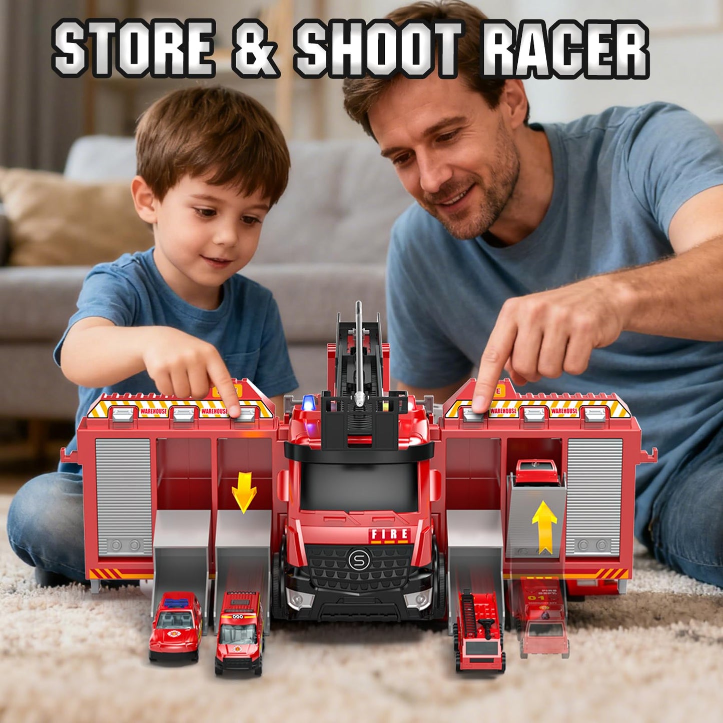 Lehoo Castle Fire Truck Toy with Rotating Ladder, Lights & Sounds, 3.84"x6"x10.8", Plastic, Perfect Gift for Boys Ages 2-5