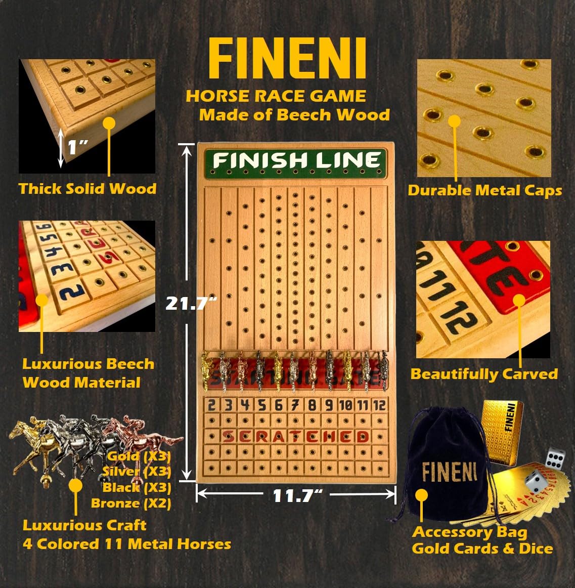 Fineni Horse Racing Game For Adults, Horse Race Board Game With 11 Luxurious Metal Horses (Gold, Silver, Black, Rose Gold), 22” Beech Wood Horse Race Game Board, Dice & Gold Card Included (Beech)