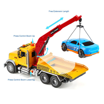 Kids Tow Truck Toy with Car for Boys 4-7 Years Old - Big Tow Truck for Kids Flatbed and Crane with Sounds and Lights, Road Rescu