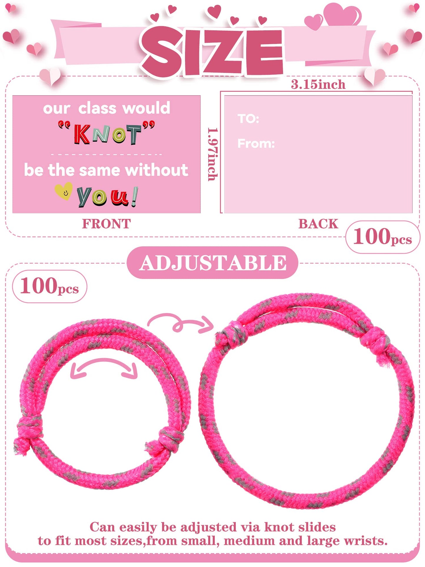 100 Pieces Valentine Knot Bracelets with Card Neon Rope Woven Friendship Bracelets for Kids Adjustable Rope Bracelets Bulk for G