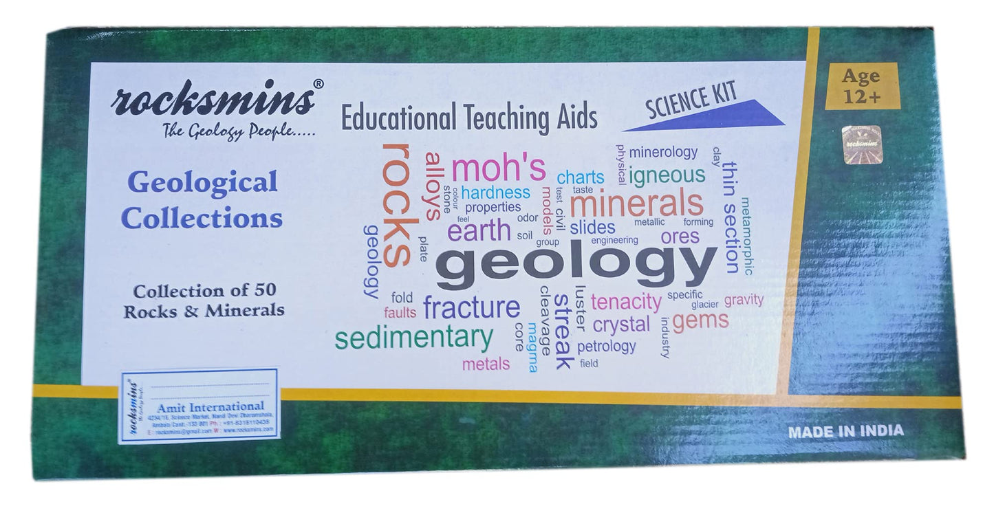 Rocksmins Collection Of 50 Rocks & Minerals Rm50Pt (25 Rock + 25 Mineral) Christmas Mineral Gift Case For Education Activity Geo