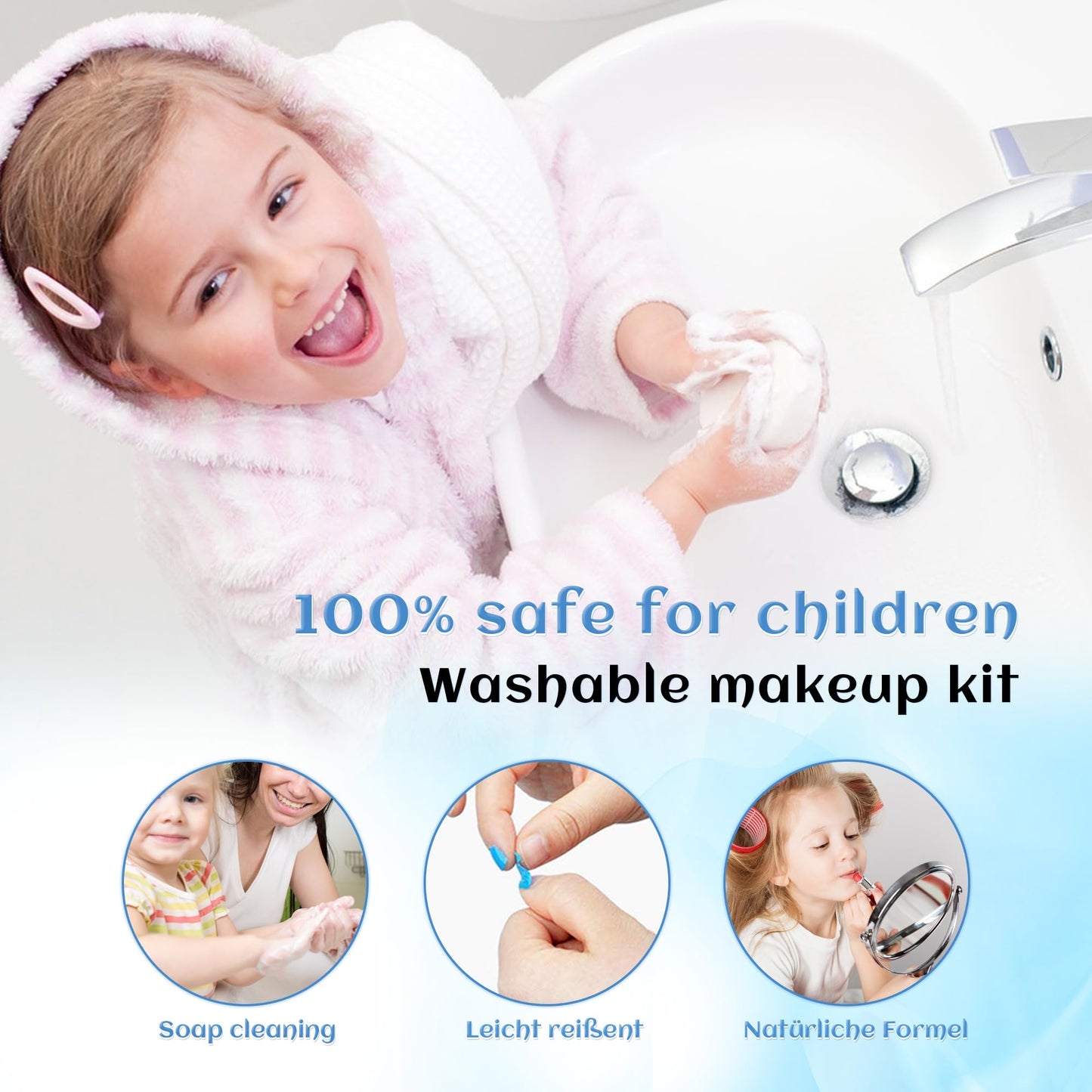 Mrabbitoo Kids Makeup Kit - 57 pcs Real Washable Makeup for Girls Age 3-12, Non-Toxic, Blue, Model MM06