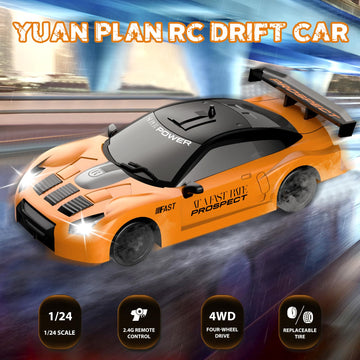 YUAN PLAN Remote Control Car, Drift RC Car 1/24 2.4GHz 4WD High Speed Orange RC Vehicle Cars Toys with LED Light and Drift Tires