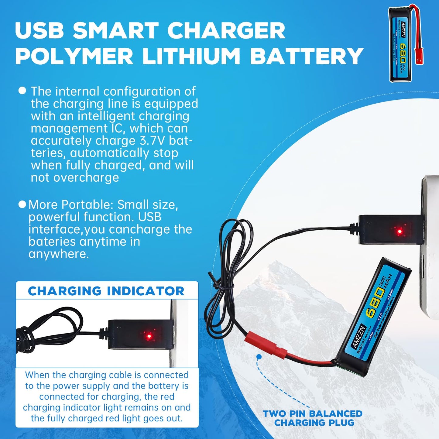 Amzzn 2Pcs 3.7V 680Mah 1S Lipo Battery With Jst Plug And Usb Charging Cable For Udi U817 U818A V959 V222 V929 S032 Rc Drone, Fou