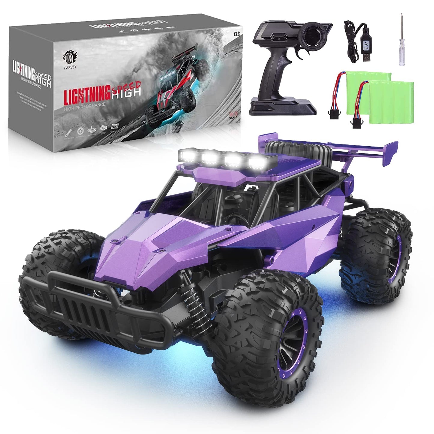 LARVEY 2WD 1:16 Scale Purple Remote control car, 20 Kmh High Speed girls Remote control car Monster Vehicle with LED Headlights