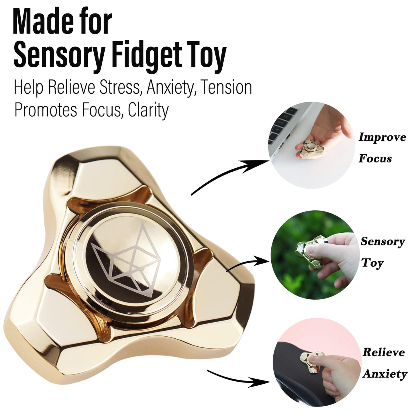Freelove Metal Fidget Spinner, Stainless Steel Heavy, Long Spinning Toys, Cool Silent, Small Mini Fox Figette Spiner For Adults Men Anxiety, Quiet Bearing, Gold